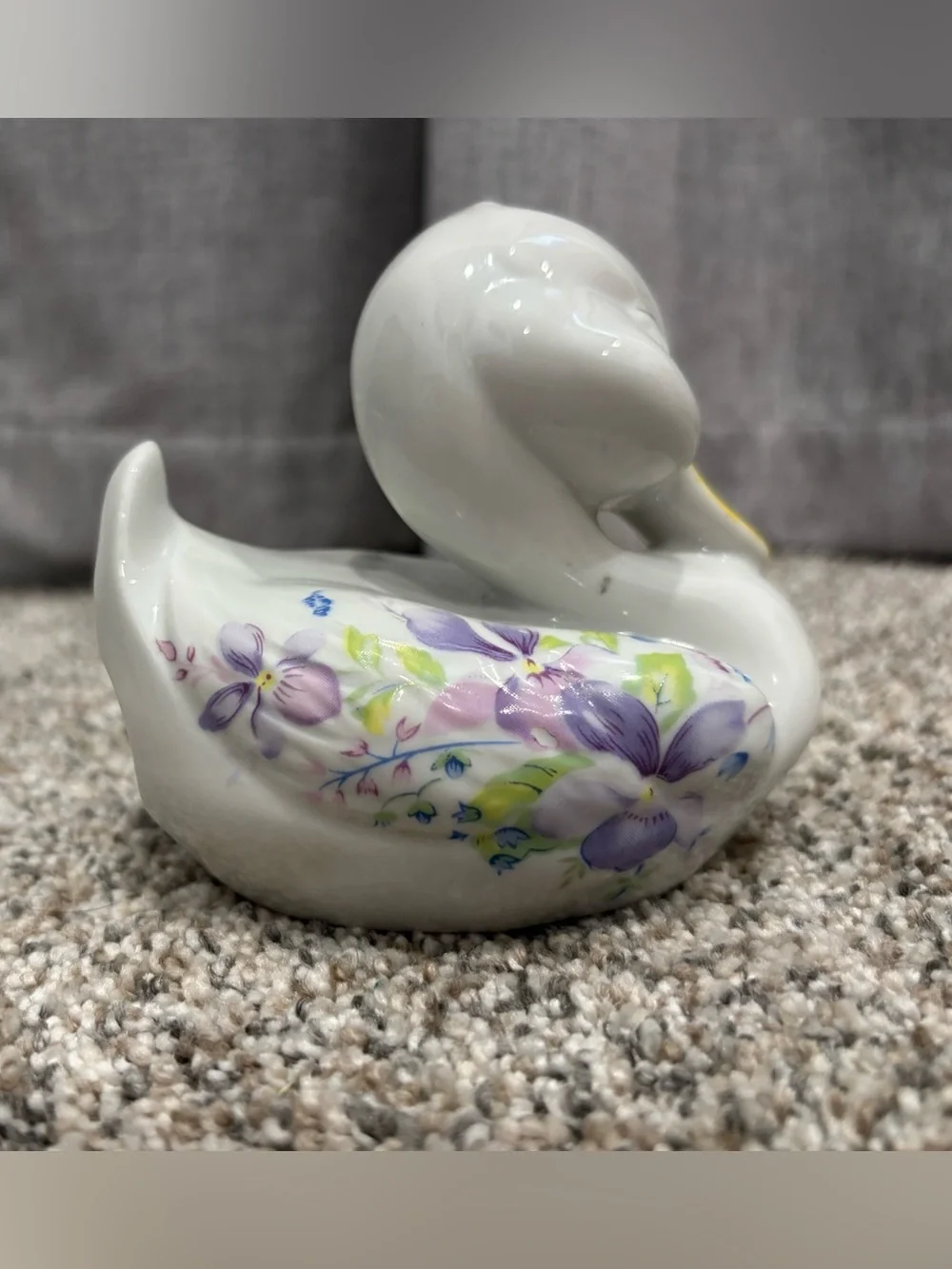 Vintage Floral Porcelain Duck Cotton Ball Holder Dispenser Farmhouse CottageCore
